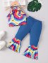 Girls Casual 2pcs Trendy Creative Rainbow Graffiti Print Outfits Halter Neck Sleeveless Top + Splicing Flare Pants Set Outdoor Gift
