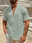 Men's Casual Henley Shirt Short Sleeve Breathable Cotton Top Loose Casual Clothing For Spring Summer
