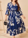 Plus Size Ethnic Print Belted Dress Elegant Ankle Length 3 4 Sleeve Surplice Neck Dress For Spring & Summer Women's Plus Size Cl