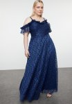Woven Guipure Detailed Plus Size Dress - Navy Blue
