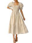 Zesica Women's 2026 Bohemian Summer Plaid Square Neck Puff Sleeve Ruffle Flowy Beach Midi Dress Beige XL