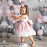 Dusty Pink & White Lace Formal Dress With Diamante Headband And Bow