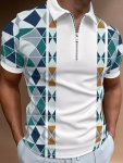 Men's Trendy Geometric Pattern Print Short Sleeve Zip Up Lapel Shirt For Summer Daily Stylish Zipper Collar Design T-Shirt