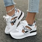 Women's Vintage Print Platform Sandals Lace Up Soft Sole Hollow Out Walking Shoes Breathable Heightening Comfort Shoes
