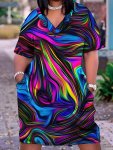 Plus Size Colorful Print Tee Dress Casual Pocket Short Sleeve V Neck Dress For Spring & Summer Women's Plus Size Clothing