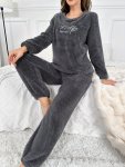 Letter Pattern Fuzzy Pajama Set Long Sleeve Crew Neck Top & Elastic Waistband Pants Women's Sleepwear & Loungewear