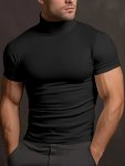 Men's Solid Color Stretchy Short Sleeve Turtleneck Sports T-Shirt For Summer Casual Comfy Slim Training Tops As Gift
