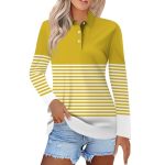 Polo Shirts For Womens V Neck Lapel Long Sleeve Tops With Collar Button Fall Loose Golf Casual Business Tunic BLOUSES1-YELLOW XL