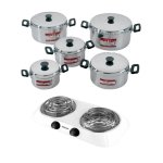 - Pshed Aluminium Stewpan Set -10 Piece & Hotplate - White