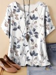 Plus Size Leaf Print Crew Neck T-Shirt Casual Short Sleeve T-Shirt For Spring & Summer Women's Plus Size Clothing