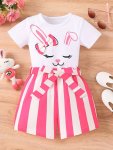 2PCS Girls Cartoon Rabbit Graphic T-shirts Casual Round Neck Tees Top & Elastic Waist Belted Striped Shorts Set Kids Summer Clot