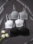 3PCS Solid Lace Underwire Bra Sexy Comfy Push Up Bra Women's Lingerie & Underwear