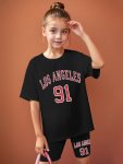 Los Angeles 91 Print Outfit Girls 2PCS SET Casual & Comfy Tee & Shorts For Spring & Summer Girls Clothing For Sports & Running