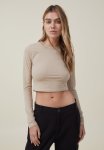 Cotton On Micro Crop Long Sleeve Top - Mid Taupe