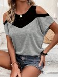 Color Block Cold Shoulder T-Shirt Casual Short Sleeve T-Shirt For Spring & Summer Women's Clothing