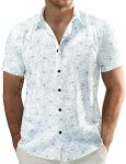 Jogal Men's Flower Casual Short Sleeve Aloha Hawaiian Shirt White Blue XL