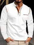 Men's Lightweight Color Block Henley Shirt - Casual Long Sleeve Stretch Fabric Machine Washable