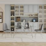 Modawhly Glass Dining Table Set For 4 63" Silver Rectangle Kitchen Table With 4 Black Fabric Dining Chairs Modern Dining Room Ta