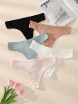 5PCS Ribbed Solid Thongs Sexy Comfy Breathable Stretchy Intimates Panties Women's Lingerie & Underwear