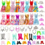 32 Pieces Clothes For Dolls Clothes And Accessories 10 Stylish Random Dresses + 10 Random Pairs Of Shoes + 6 Necklaces + 6 Crown