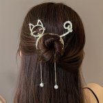 Elegant Alloy Hair Clip With Rhinestone Cat Tassel Pearl Dangle Cute Round Shape - Fashion Hairpin Accessory For Women And Girls