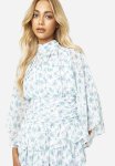 Floral High Neck Pleat Detail Skater Dress - Blue