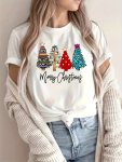 Christmas Tree Print T-Shirt Casual Crew Neck Short Sleeve Top For Spring & Summer Women's Clothing