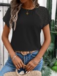 Contrast Lace Crew Neck T-Shirt Casual Solid Short Sleeve Top For Spring & Summer Women's Clothing