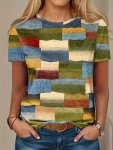 Multi-colored Blocks Print T-Shirt Casual Crew Neck Short Sleeve Top For Spring & Summer Women's Clothing