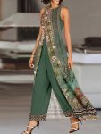Tribal Print Vacation Pants Set Floral Print Sleeveless Crew Neck Split Front Tunic Top & Loose Pants Outfits Women's Clothing