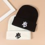 Letter Embroidery Graphic Beanie Trendy Black & White Couple Beanies Hip Hop Skull Cap Unisex Elastic Knit Hats For Women & Men