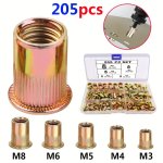 Rivet Nuts 205PCS Carbon Steel Flat Head Rivet Nuts Threaded Insertion Nut Assortment Tool Kit Knurled Body Rivet Nut Inserts Fo