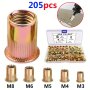 Rivet Nuts 205pcs Carbon Steel Flat Head Rivet Nuts Threaded Insertion Nut Assortment Tool Kit Knurled Body Rivet Nut Inserts For Sheet Metal Automotive