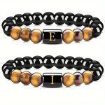 1PC Fashion Minimalism 26 Letters A-z Tiger Eye Stone Bracelet 8MM Obsidian Beaded Stitching Elastic Rope Bracelet Men's And Wom