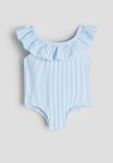 Flounce-trimmed Swimsuit - Light Blue striped