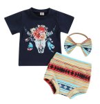 Bucramium Navy Boho Cow Skull T-Shirt Bloomer And Headband