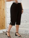 Plus Size Beaded Slit Capri Pants Casual High Waist Pants For Spring & Summer Women's Plus Size Clothing