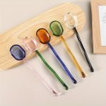 1PC Creative Milk Dessert Spoon Colorful Countryside Transparent High Temperature Resistant Glass Spoon Cute Long Handled Coffee