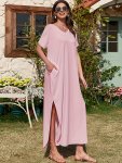 Plus Size Solid Color Split Dress With Pocket Casual Short Sleeve V Neck Dress For Spring & Summer Women's Plus Size Clothing