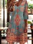 Ethnic Style Three-quarter Sleeve Dress Elegant Vacation Style Loose Dress For Spring Women's Clothing