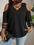 Plus Size Solid Mesh Stitching Cold Shoulder Blouse Elegant 3 4 Sleeve Criss Cross Front V Neck Blouse For Spring & Summer Women
