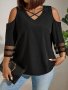 Plus Size Solid Mesh Stitching Cold Shoulder Blouse Elegant 3/4 Sleeve Criss Cross Front V Neck Blouse For Spring & Summer Women's Plus Size Clothing