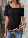 Color Block Leopard Print T-Shirt Elegant Cold Shoulder Asymmetrical Neck Short Sleeve Backless Top Women's Clothing
