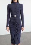 Plain Belted Midi High Neck Draped Knitted Dress - Anthracite
