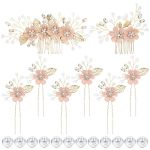 Dizila 20 Pieces Bridal Wedding Party Prom Rhinestone Pearl Pink Flower Hair Side Combs Slides+u-shaped Flower Hair Pins+ Twist