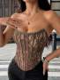 Jse Sexy Elegant Solid & Floral Print Mature Charm - Graceful Lace Ruffle Trim Backless Bustier Slim Fit Corseted Bodycon Tank Top With Snap Buttons