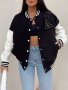 Color Block Letter Print Bomber Jacket Casual Crop Button Front Pockets Jacket Women's Clothing