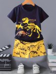 2PCS Toddler Boys Dinosaur Skeleton Graphic T-shirts Casual Round Neck Tees Top & Elastic Waist Shorts Set Kids Summer Clothes