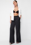 Wide Leg Woven Satin Trousers - Black