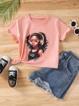 Casual Cartoon Girl Print T-Shirt Versatile Short Sleeve Tops For Girls Summer Girl's Clothing